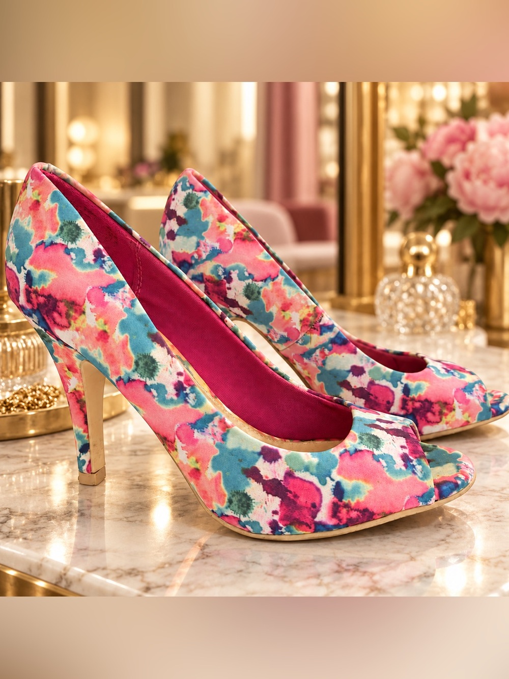 Christian Siriano Multicolor Floral Peep Toe Heels Shoes Size 8